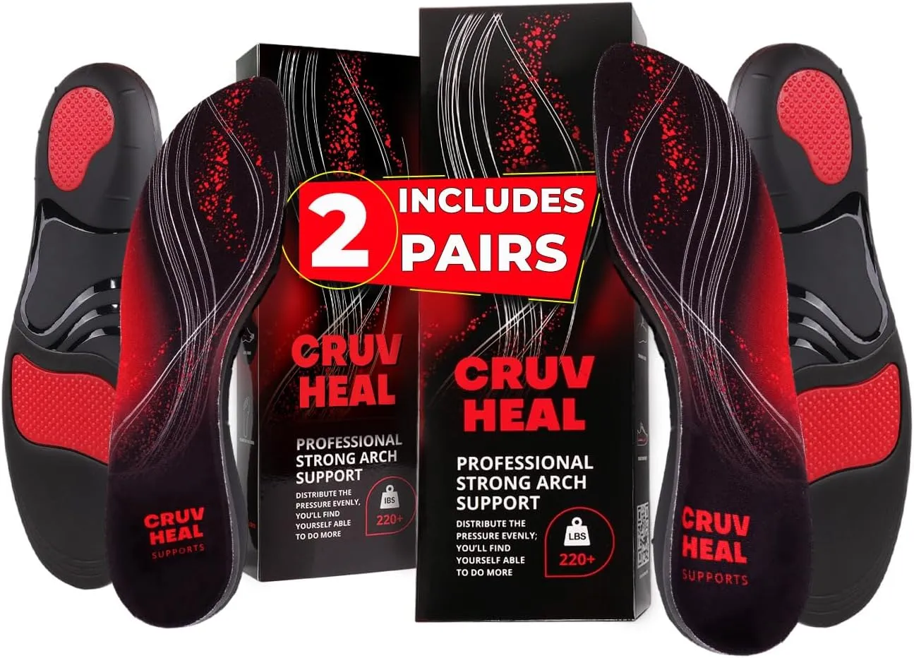 2 Pairs of 220  lbs Plantar Fasciitis Insoles Men Women - Heavy Duty High Arch Support - Orthotic Shoe Inserts - Work Boot Shoe Insole (Black, XL)