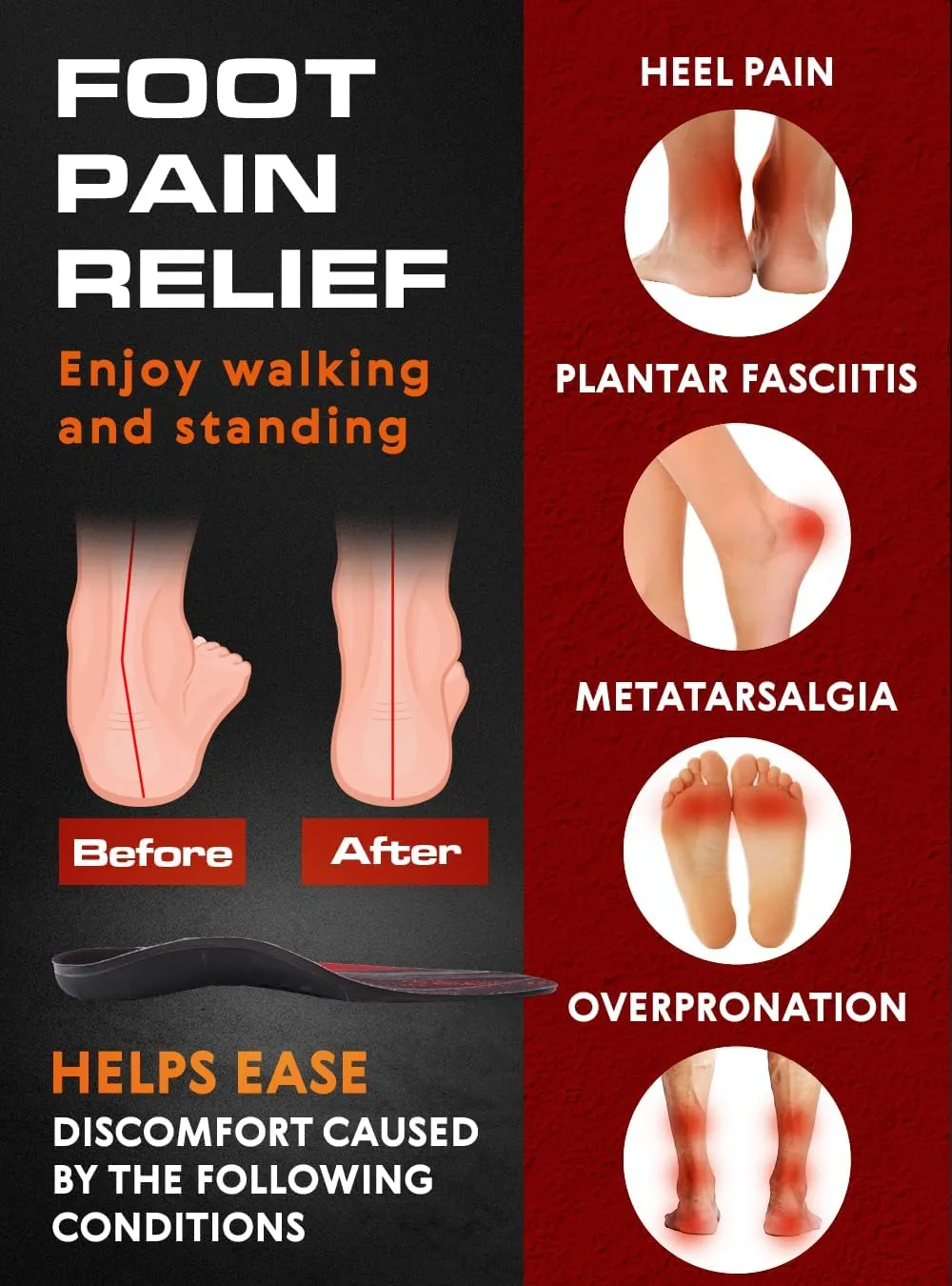 2 Pairs of 220  lbs Plantar Fasciitis Insoles Men Women - Heavy Duty High Arch Support - Orthotic Shoe Inserts - Work Boot Shoe Insole (Black, XL)