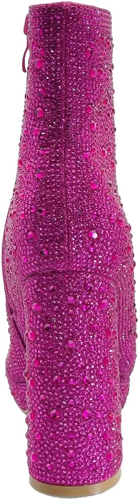 ABSOLEX Women Pointed Toe Rhinestone Platform Ankle High Chunky Block High Heel Bootie