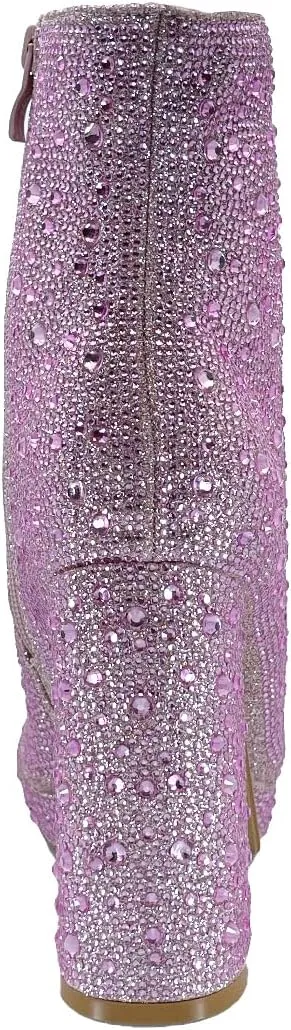 ABSOLEX Women Pointed Toe Rhinestone Platform Ankle High Chunky Block High Heel Bootie