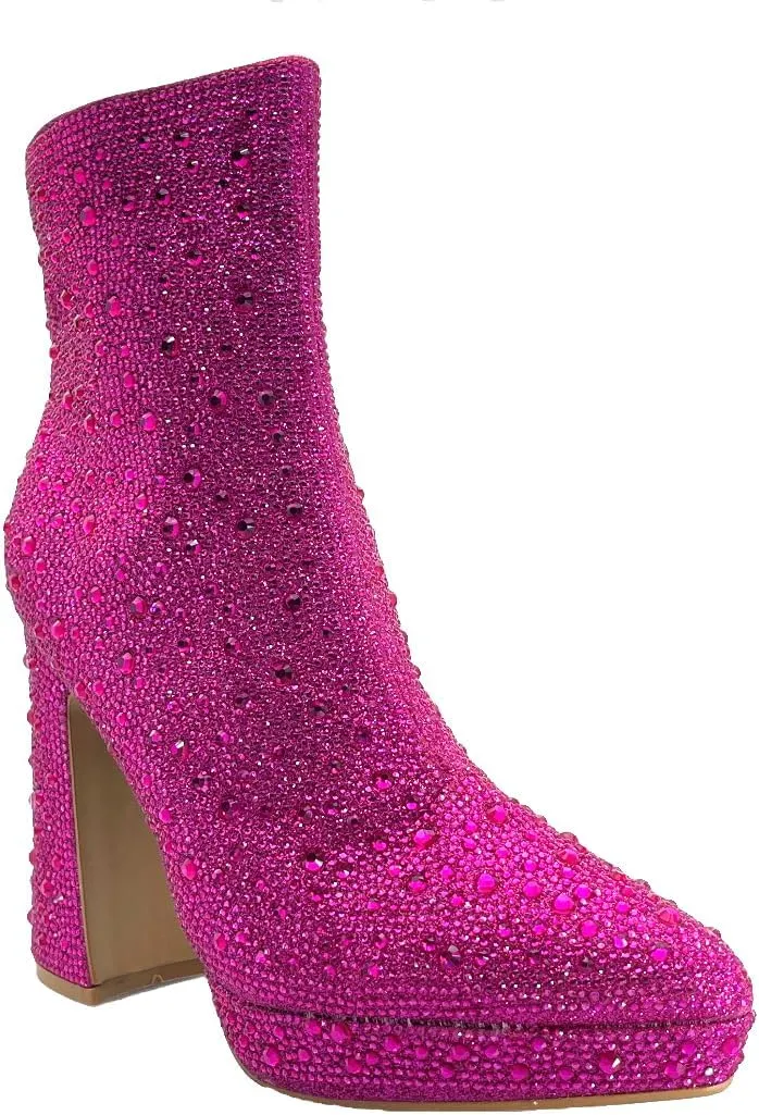 ABSOLEX Women Pointed Toe Rhinestone Platform Ankle High Chunky Block High Heel Bootie