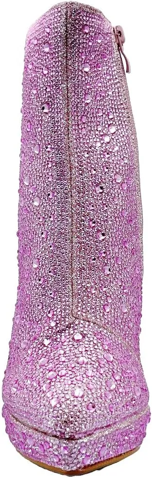 ABSOLEX Women Pointed Toe Rhinestone Platform Ankle High Chunky Block High Heel Bootie