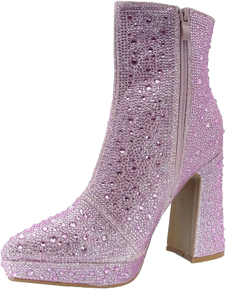 ABSOLEX Women Pointed Toe Rhinestone Platform Ankle High Chunky Block High Heel Bootie