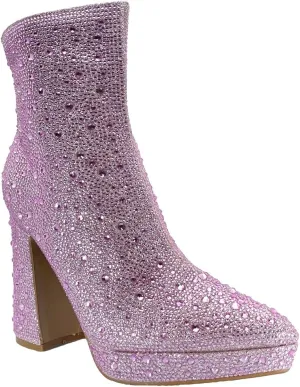 ABSOLEX Women Pointed Toe Rhinestone Platform Ankle High Chunky Block High Heel Bootie