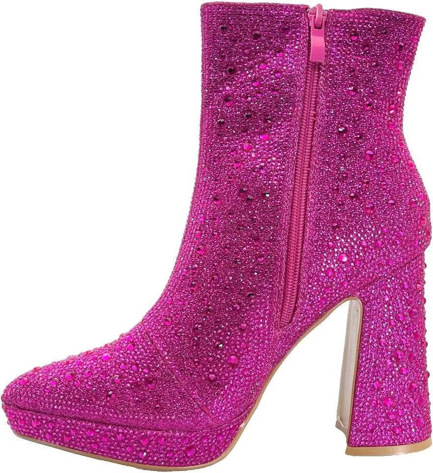 ABSOLEX Women Pointed Toe Rhinestone Platform Ankle High Chunky Block High Heel Bootie