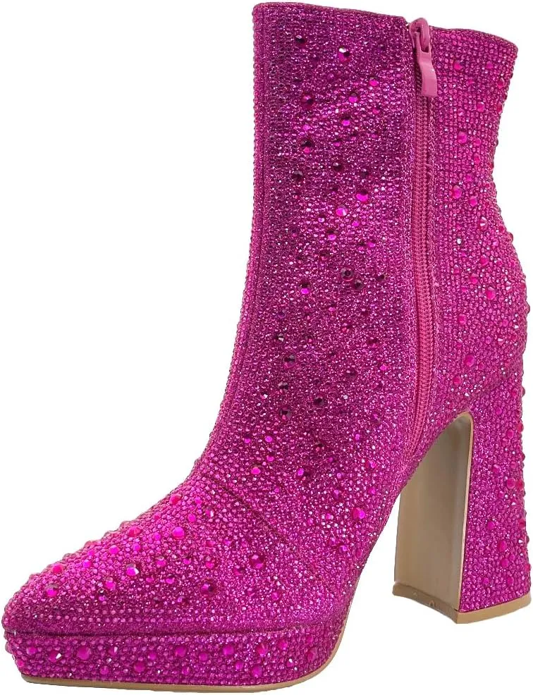 ABSOLEX Women Pointed Toe Rhinestone Platform Ankle High Chunky Block High Heel Bootie