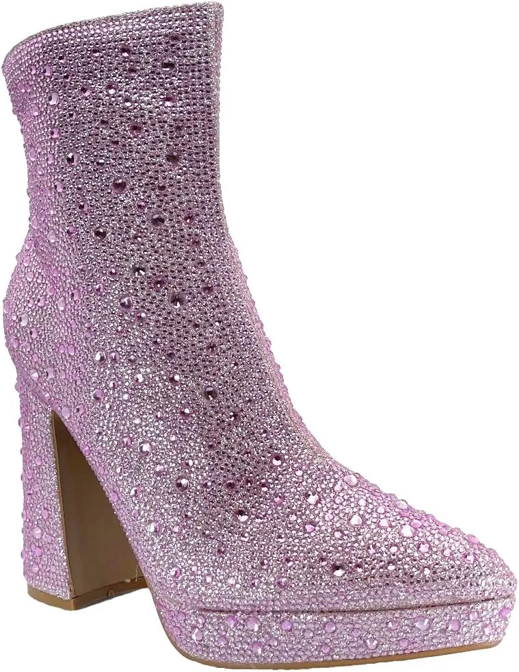 ABSOLEX Women Pointed Toe Rhinestone Platform Ankle High Chunky Block High Heel Bootie