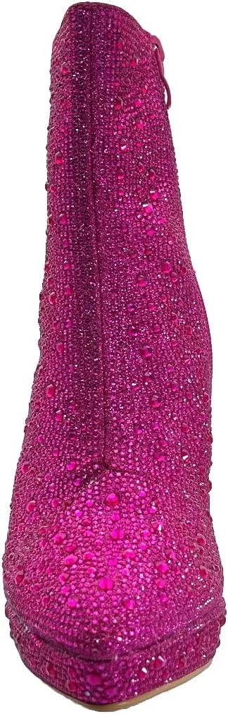 ABSOLEX Women Pointed Toe Rhinestone Platform Ankle High Chunky Block High Heel Bootie