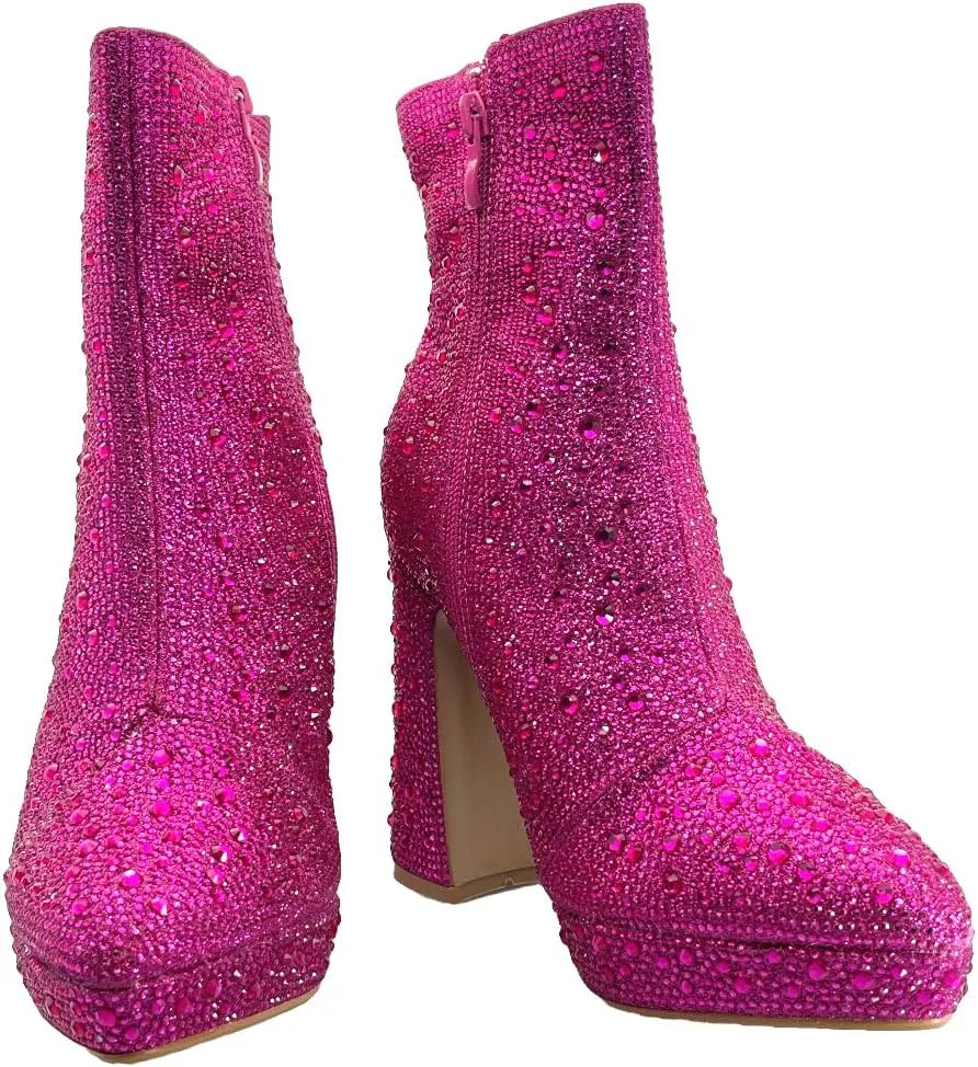 ABSOLEX Women Pointed Toe Rhinestone Platform Ankle High Chunky Block High Heel Bootie