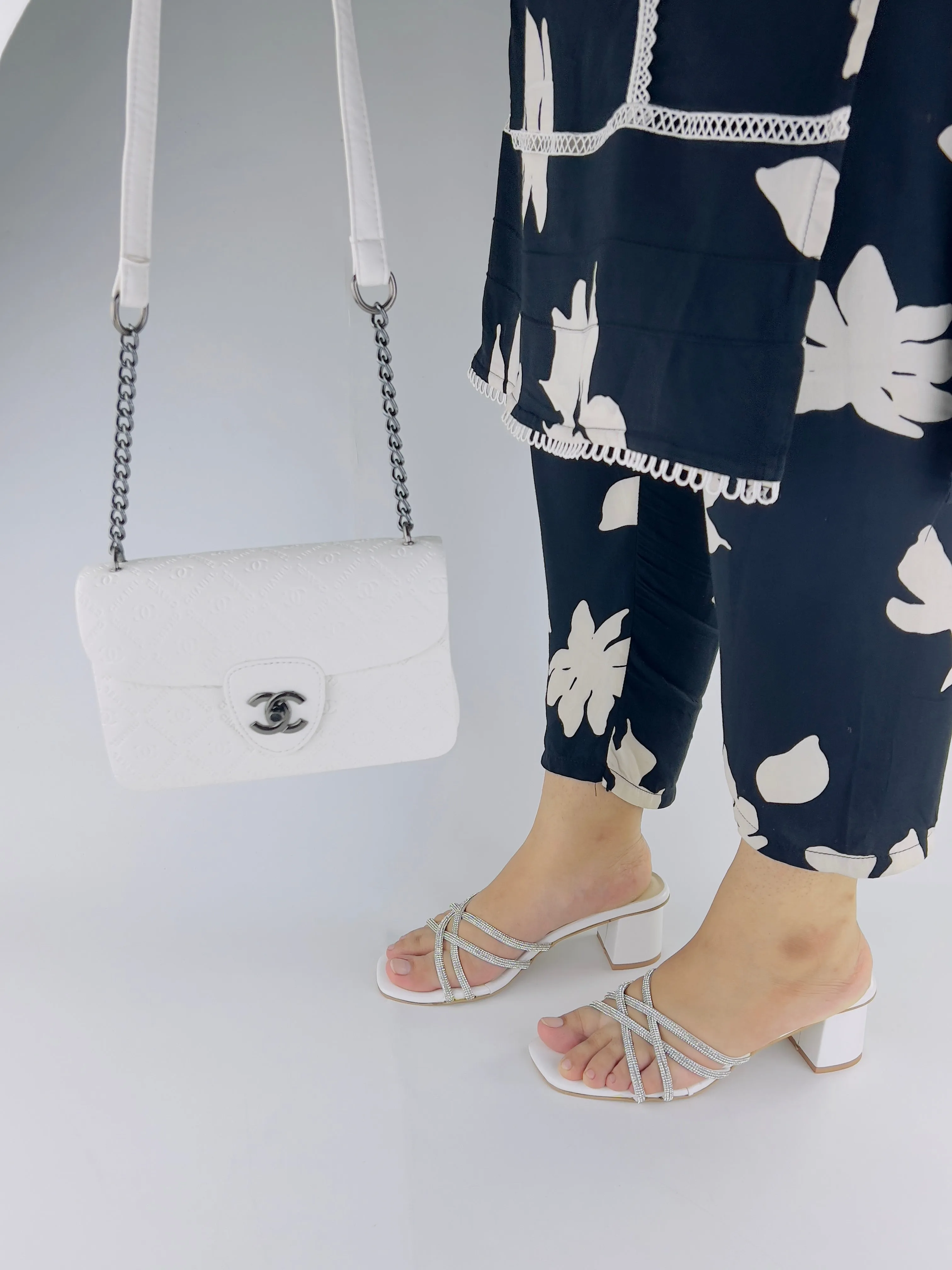 Alba Rhinestone Decor White Chunky Medium Heel-11052