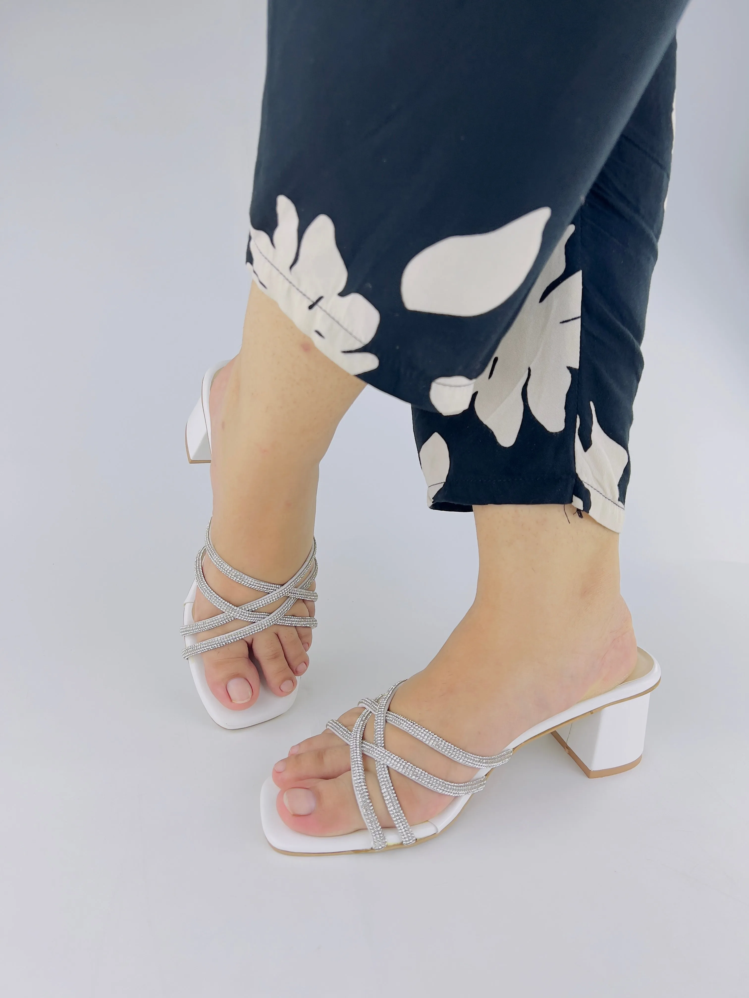 Alba Rhinestone Decor White Chunky Medium Heel-11052