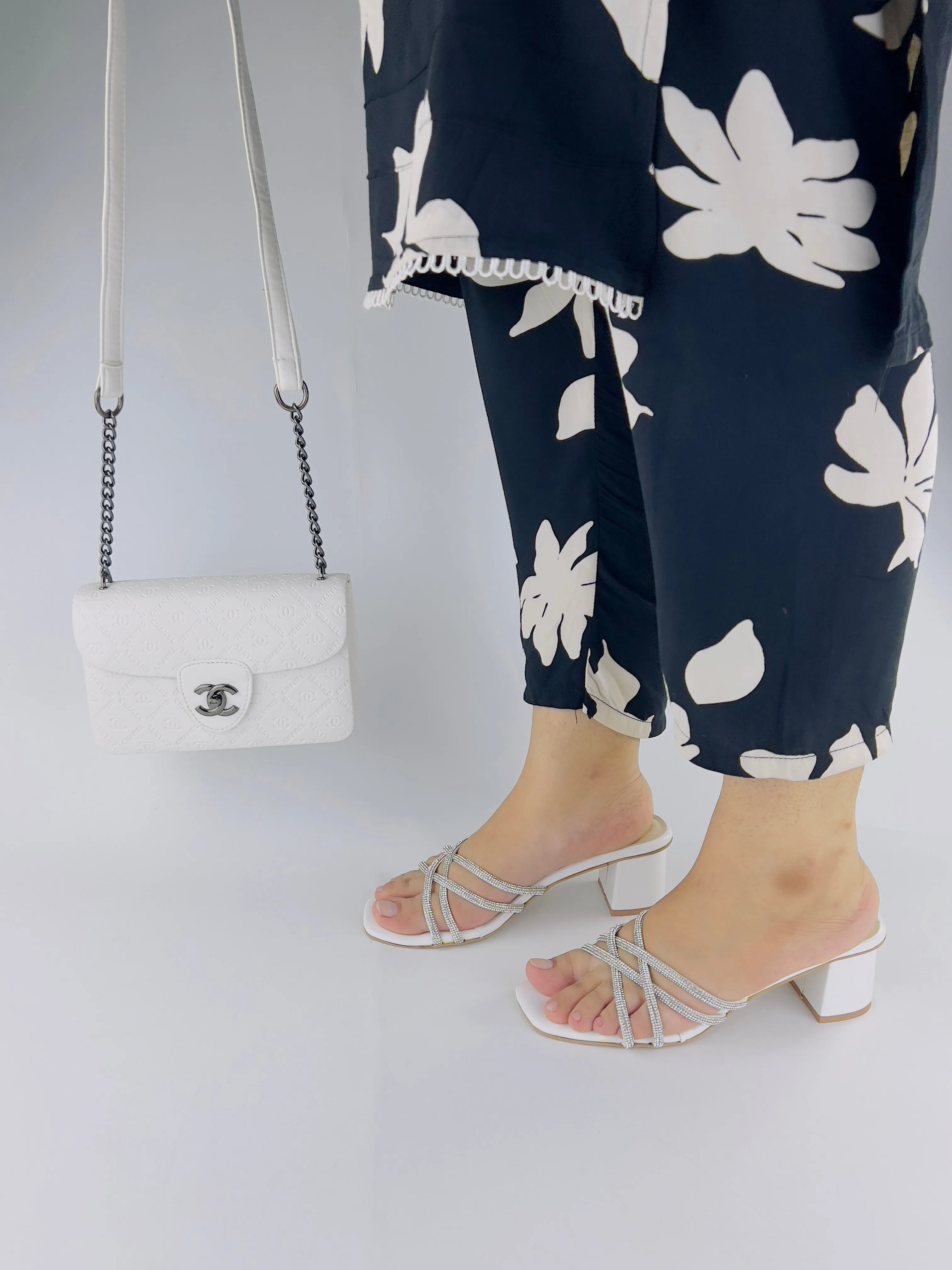 Alba Rhinestone Decor White Chunky Medium Heel-11052
