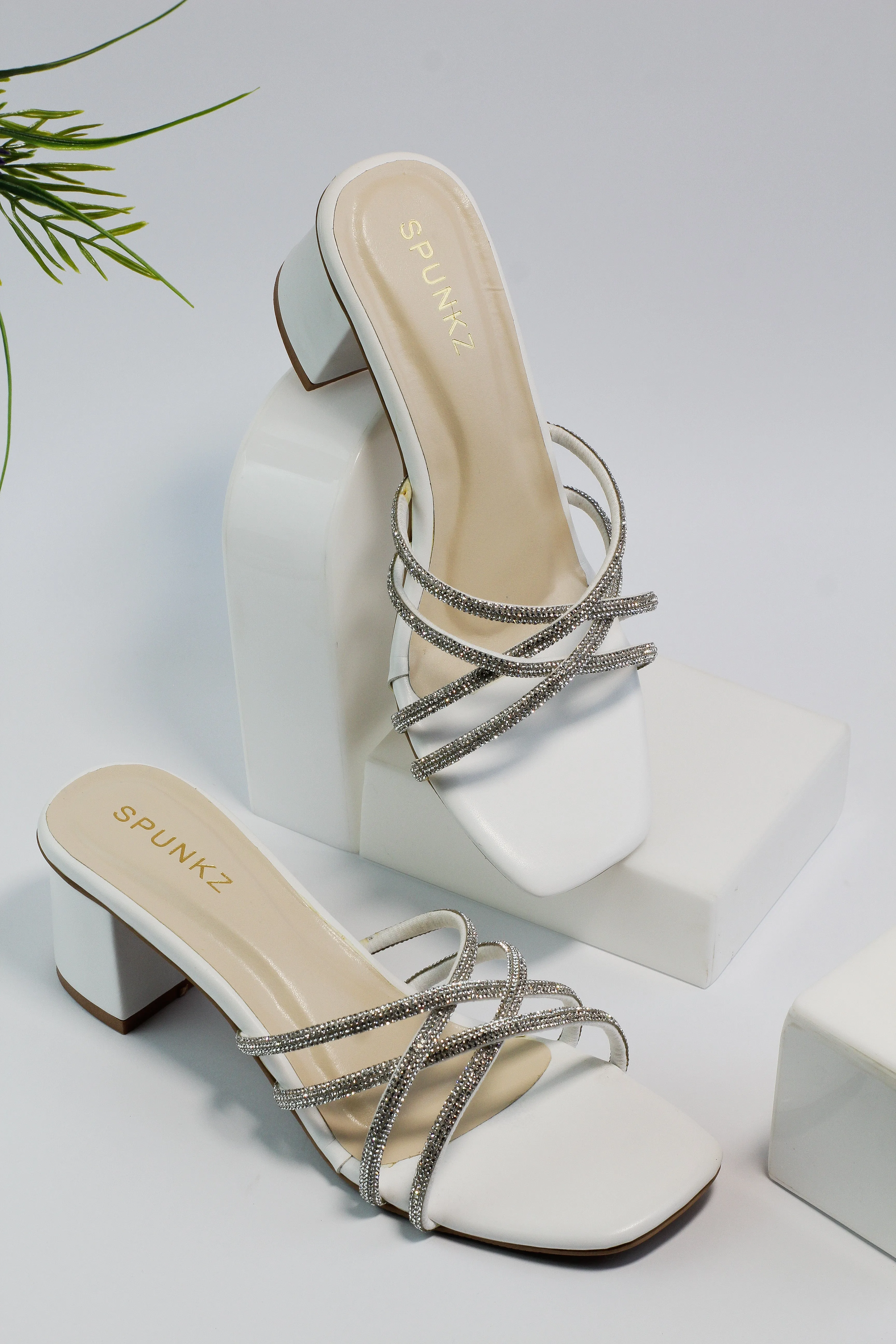 Alba Rhinestone Decor White Chunky Medium Heel-11052