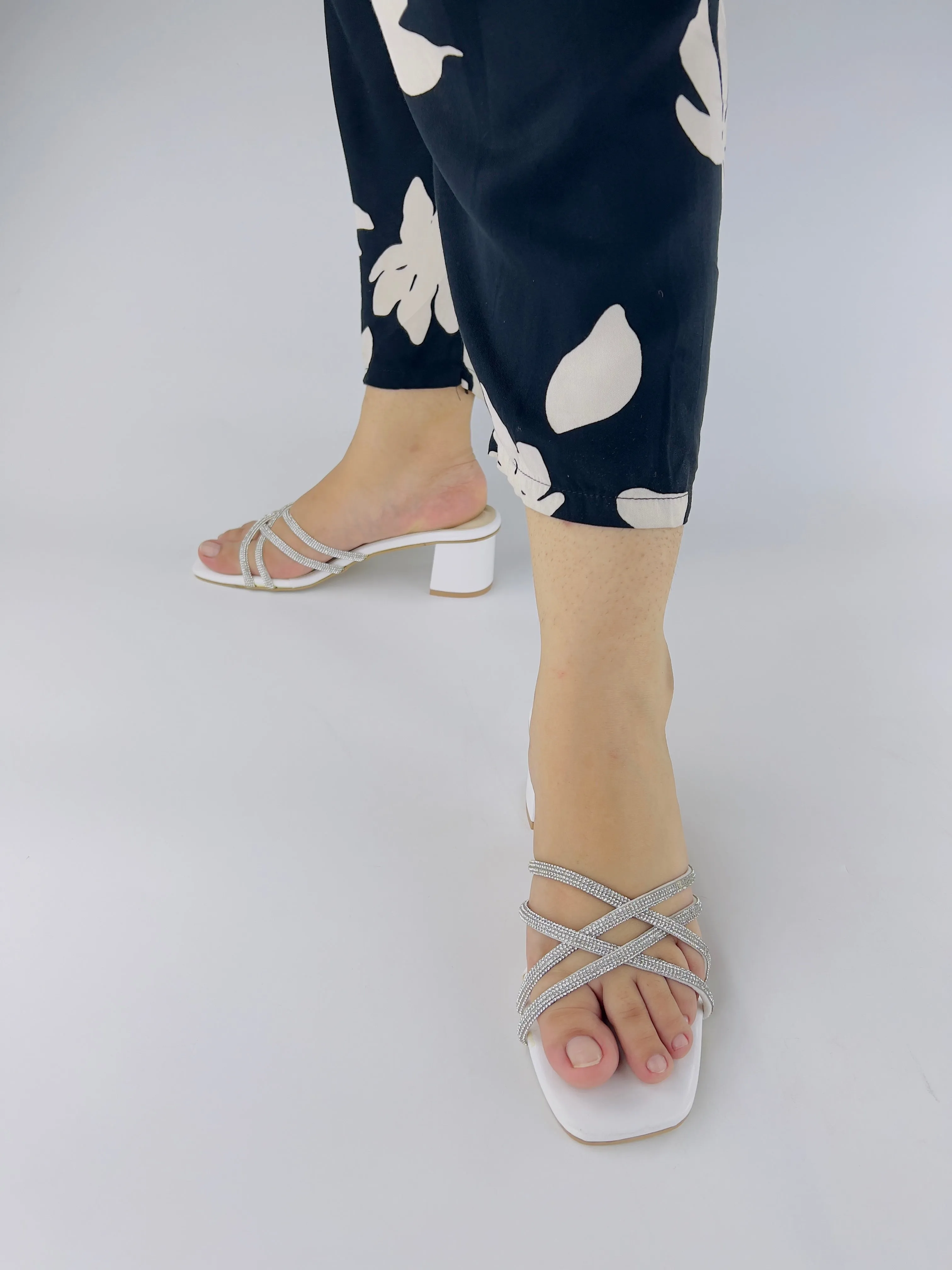 Alba Rhinestone Decor White Chunky Medium Heel-11052