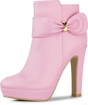 Allegra K Women's Chunky High Heels Platform Bow Decor Ankle Boots