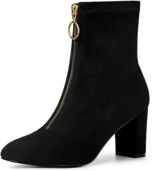 Allegra K Women's Front Zipper Chunky High Heel Ankle Boots