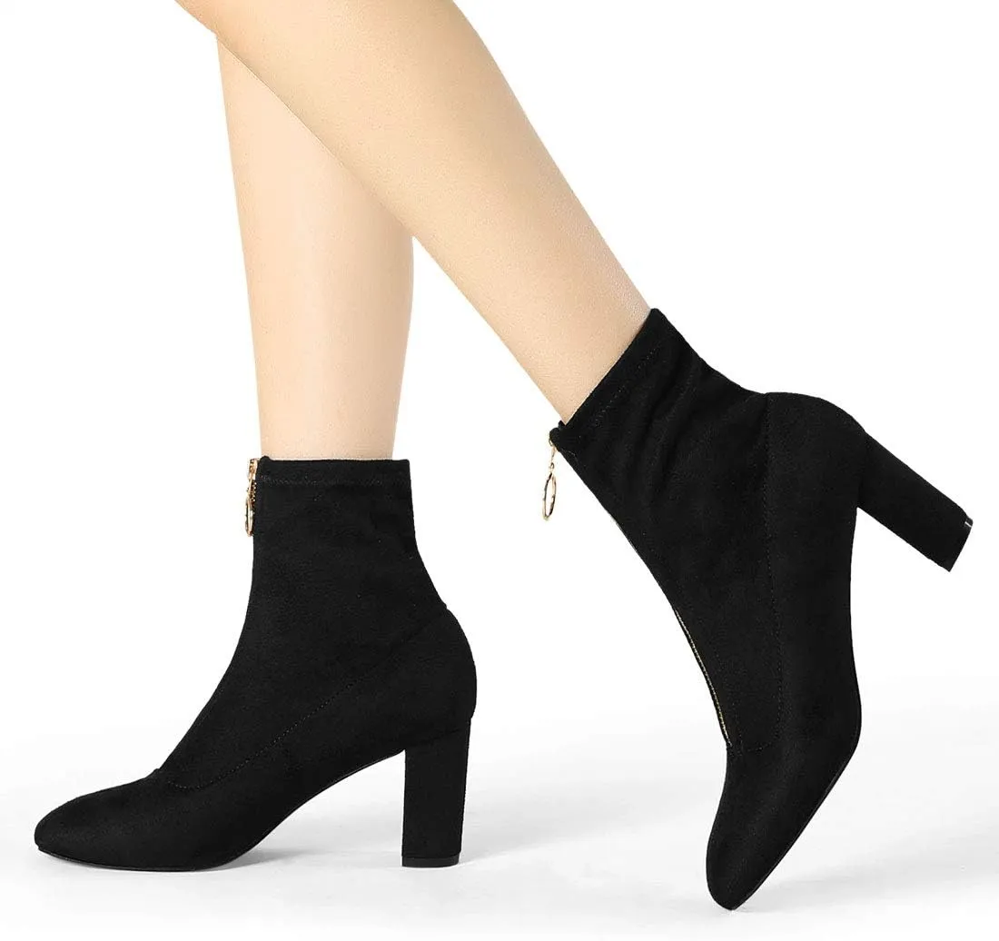 Allegra K Women's Front Zipper Chunky High Heel Ankle Boots