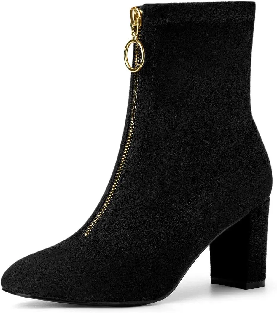 Allegra K Women's Front Zipper Chunky High Heel Ankle Boots