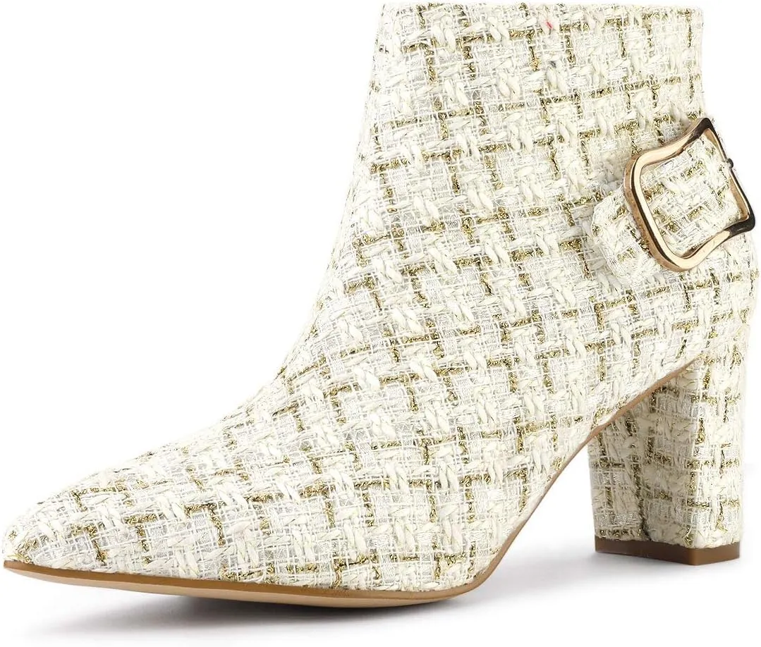 Allegra K Women's Plaid Pointed Toe Chunky Heels Ankle Boots