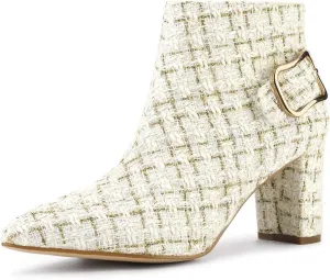 Allegra K Women's Plaid Pointed Toe Chunky Heels Ankle Boots