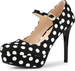 Allegra K Women's Platform Mary Jane Polka Dots Round Toe Stiletto High Heel Pumps