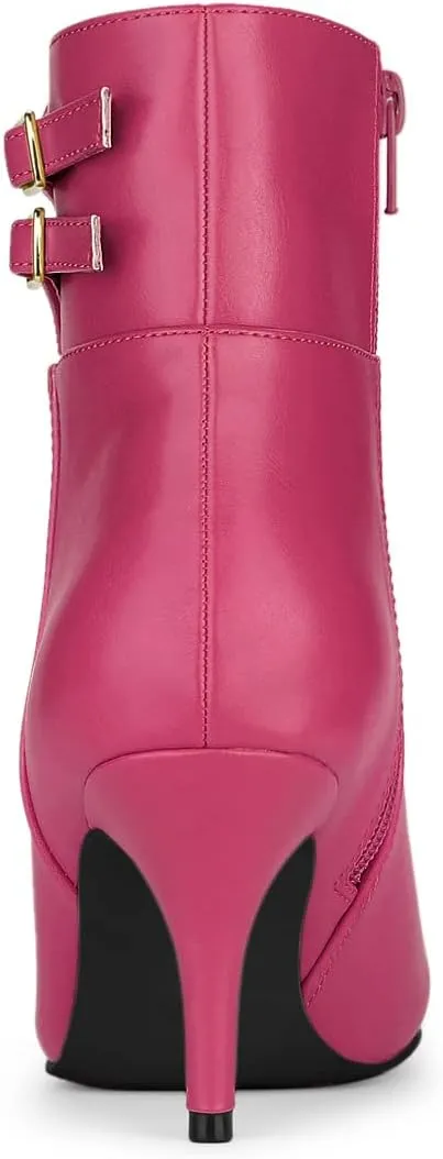 Allegra K Women's Pointed Toe Buckle Stiletto Heels Ankle Boots