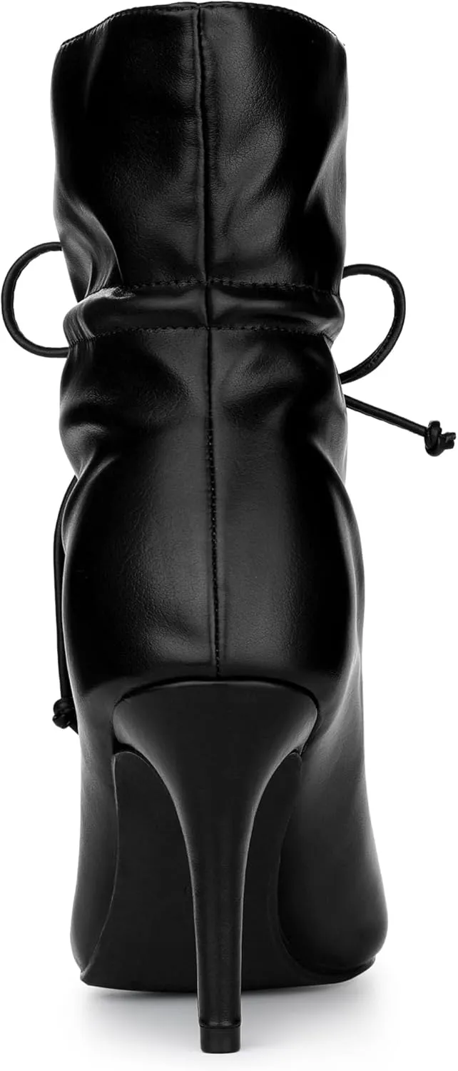 Allegra K Women's Pointed Toe Drawstring Pull on Stiletto Heel Ankle Boots
