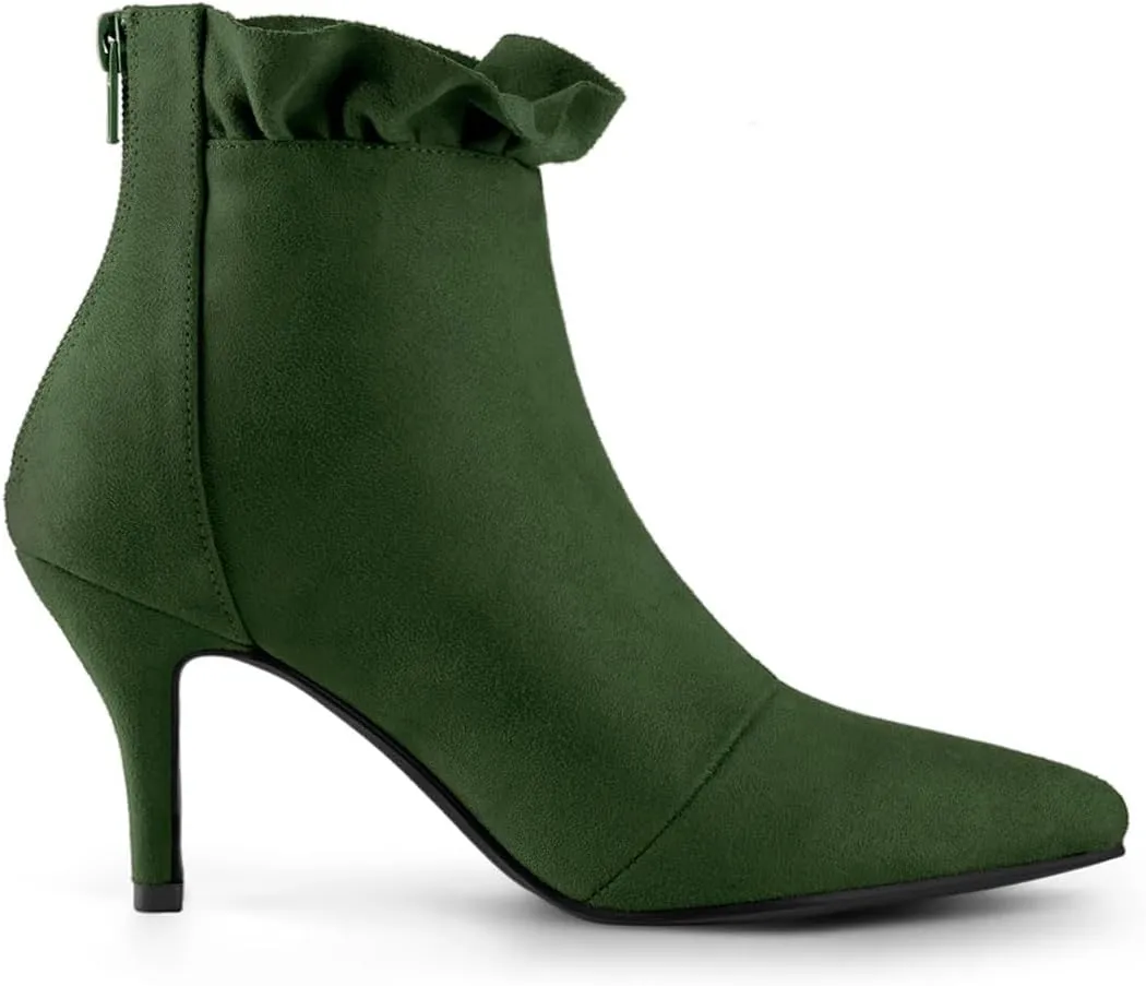 Allegra K Women's Pointed Toe Stiletto Heel Ruffle Ankle Boots