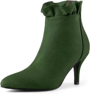 Allegra K Women's Pointed Toe Stiletto Heel Ruffle Ankle Boots