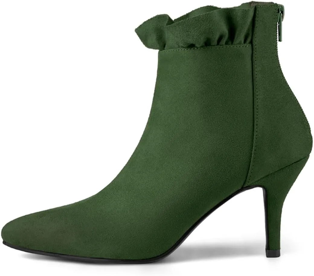 Allegra K Women's Pointed Toe Stiletto Heel Ruffle Ankle Boots