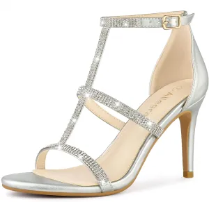 Allegra K Women's Rhinestone Ankle Strap Stiletto High Heel Sandals