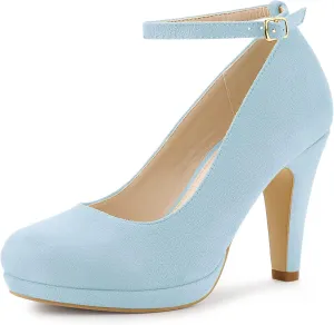 Allegra K Women's Round Toe Stiletto Heels Ankle Strap Sky Blue Pumps - 6 M US