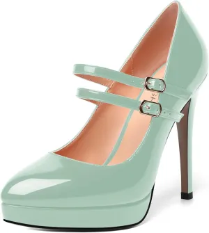 AMBELIGHT Womens Platform Pointed Toe Solid Buckle Party Patent Ankle Strap Dress Stiletto High Heel Pumps Shoes 4.7 Inch
