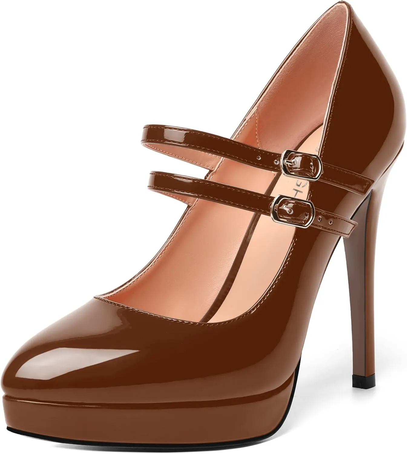 AMBELIGHT Womens Platform Pointed Toe Solid Buckle Party Patent Ankle Strap Dress Stiletto High Heel Pumps Shoes 4.7 Inch