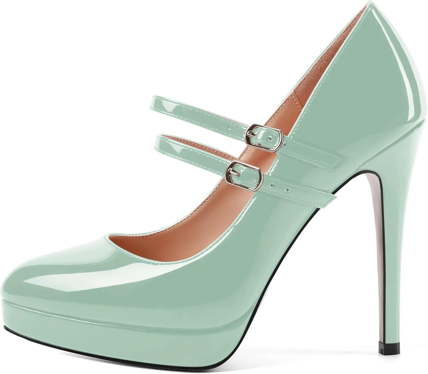 AMBELIGHT Womens Platform Pointed Toe Solid Buckle Party Patent Ankle Strap Dress Stiletto High Heel Pumps Shoes 4.7 Inch