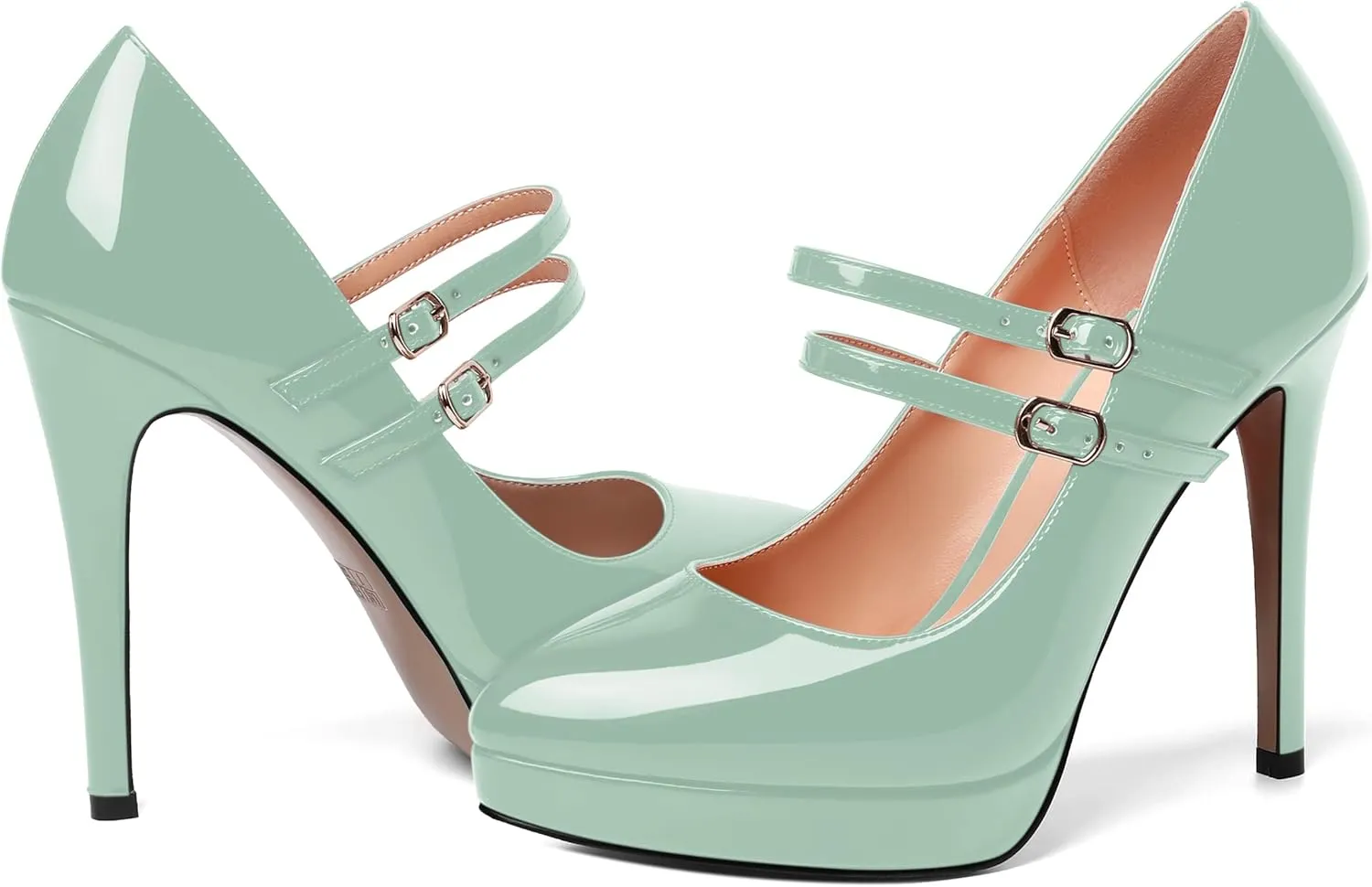 AMBELIGHT Womens Platform Pointed Toe Solid Buckle Party Patent Ankle Strap Dress Stiletto High Heel Pumps Shoes 4.7 Inch