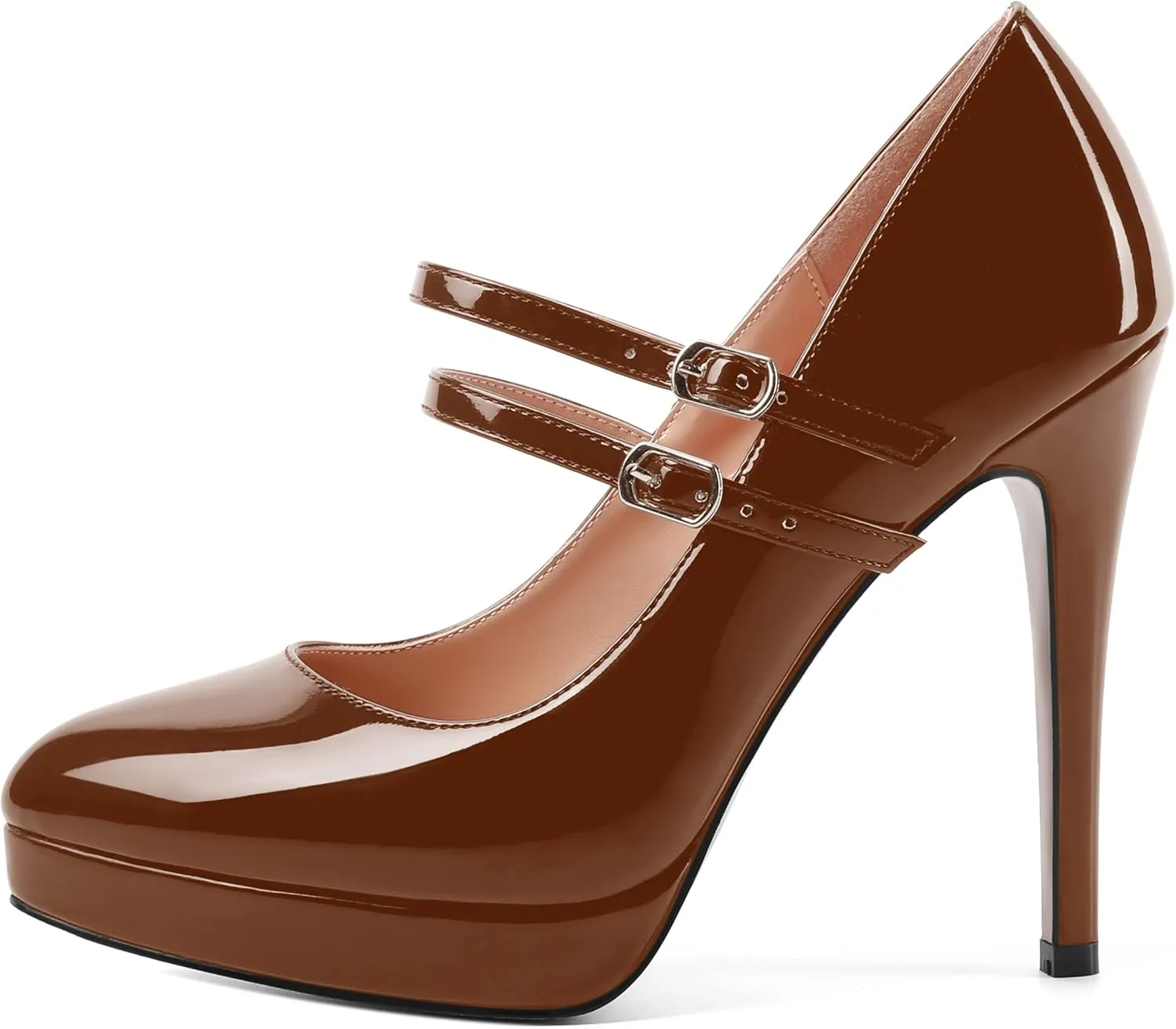 AMBELIGHT Womens Platform Pointed Toe Solid Buckle Party Patent Ankle Strap Dress Stiletto High Heel Pumps Shoes 4.7 Inch