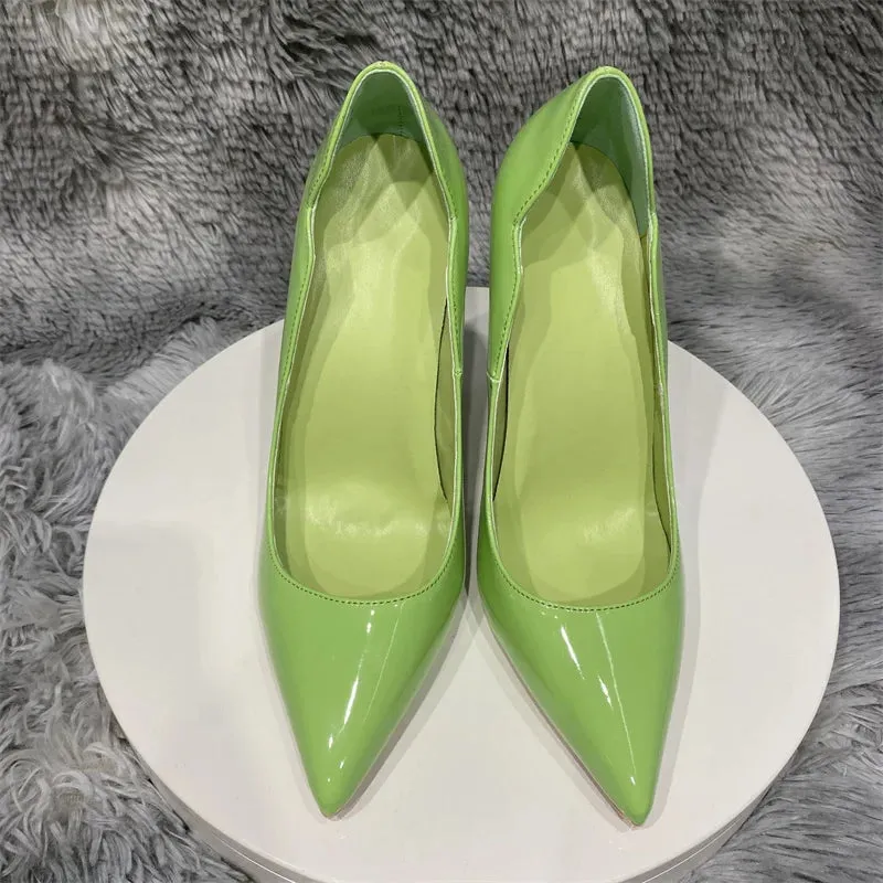Apple green high heels  woman bright toe pointed high heel