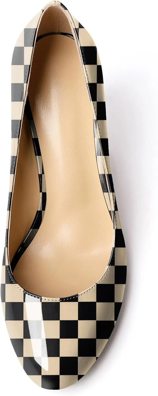 AUMOTED Women Casual Patent Round Toe Pumps Stiletto High Heel Slip On Evening Wedding Dress Shoes 3.4 Inch