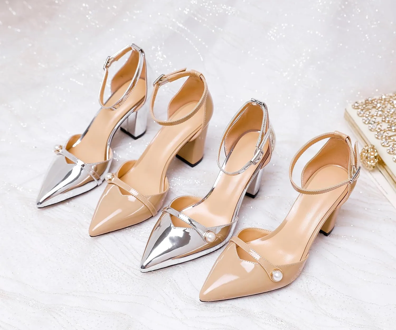 AUMOTED Women Chunky Heel Pumps Pointed Toe Block High Heels Patent Leather with Pearl Heels Ankle Strap Solid Dress Pumps Shoes 3.4 Inch
