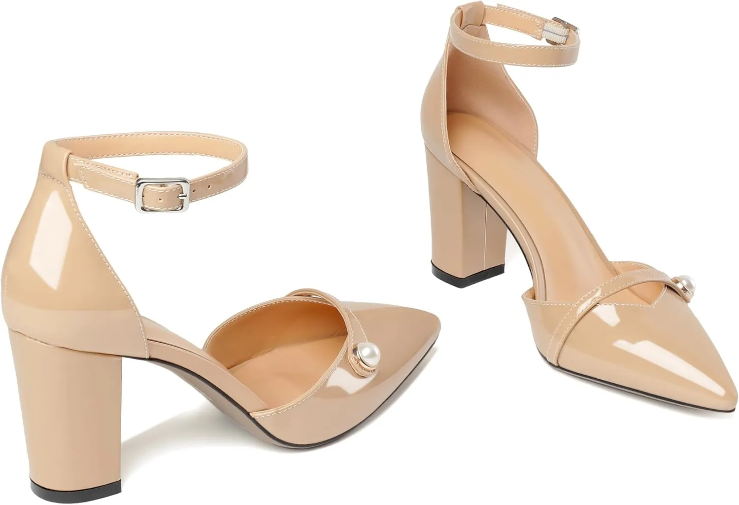 AUMOTED Women Chunky Heel Pumps Pointed Toe Block High Heels Patent Leather with Pearl Heels Ankle Strap Solid Dress Pumps Shoes 3.4 Inch
