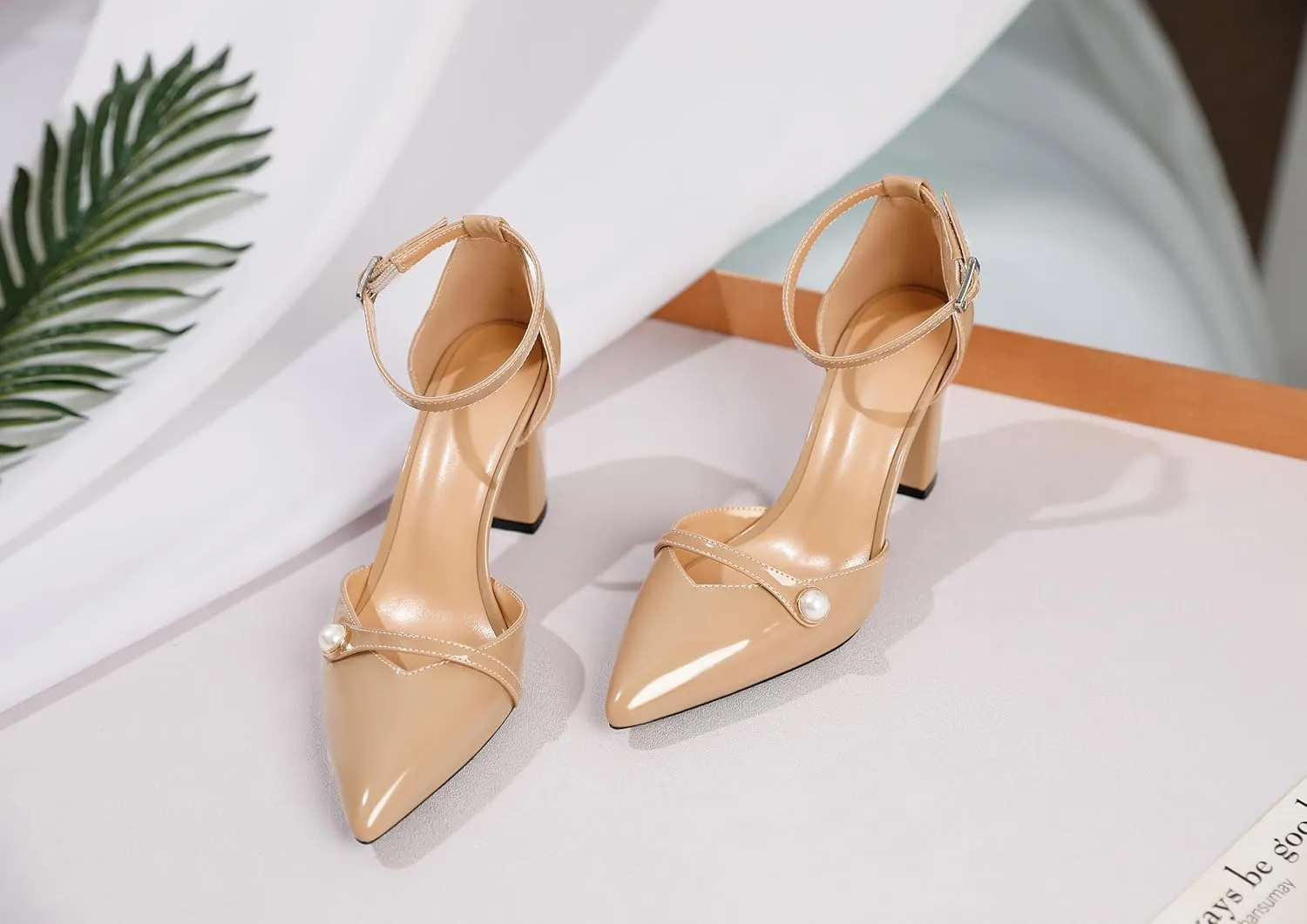 AUMOTED Women Chunky Heel Pumps Pointed Toe Block High Heels Patent Leather with Pearl Heels Ankle Strap Solid Dress Pumps Shoes 3.4 Inch