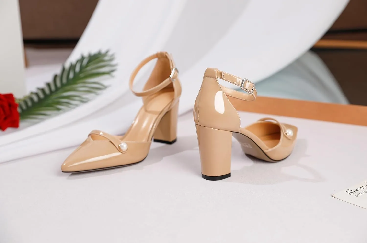 AUMOTED Women Chunky Heel Pumps Pointed Toe Block High Heels Patent Leather with Pearl Heels Ankle Strap Solid Dress Pumps Shoes 3.4 Inch
