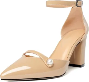 AUMOTED Women Chunky Heel Pumps Pointed Toe Block High Heels Patent Leather with Pearl Heels Ankle Strap Solid Dress Pumps Shoes 3.4 Inch