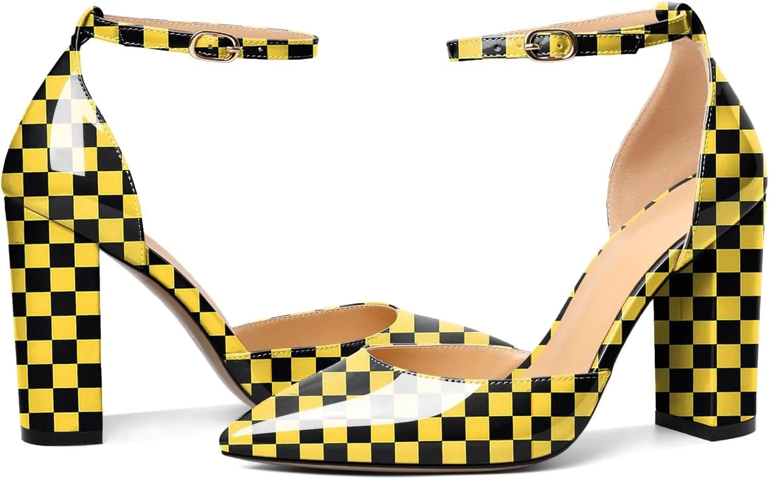 AUMOTED Women High Heel Pumps Chunky Heel Pointed Toe Patent Block Heels Ankle Strap Solid Dress Pumps Shoes 4 Inch