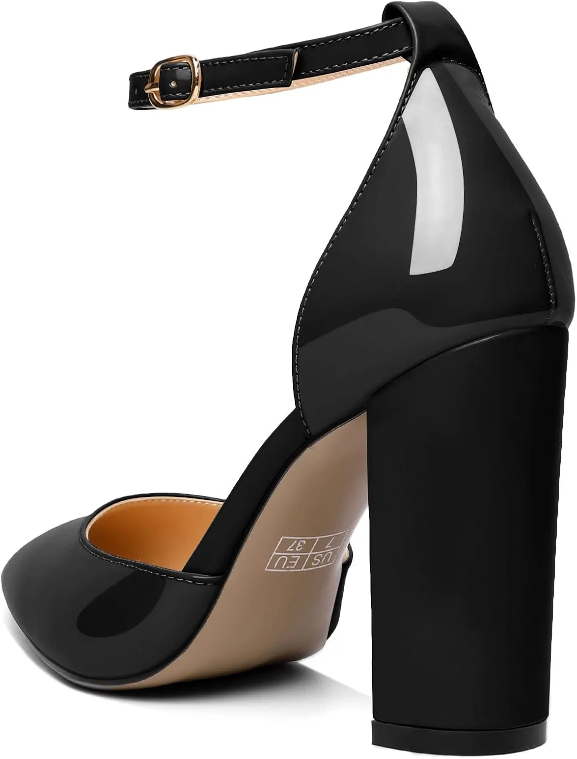 AUMOTED Women High Heel Pumps Chunky Heel Pointed Toe Patent Block Heels Ankle Strap Solid Dress Pumps Shoes 4 Inch