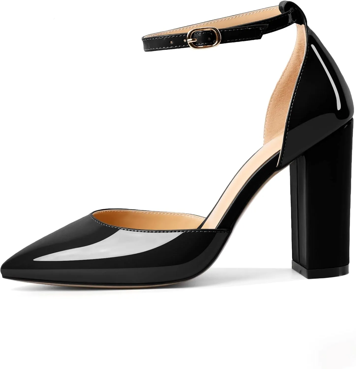 AUMOTED Women High Heel Pumps Chunky Heel Pointed Toe Patent Block Heels Ankle Strap Solid Dress Pumps Shoes 4 Inch