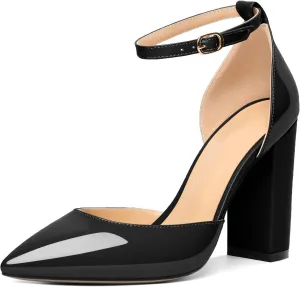 AUMOTED Women High Heel Pumps Chunky Heel Pointed Toe Patent Block Heels Ankle Strap Solid Dress Pumps Shoes 4 Inch