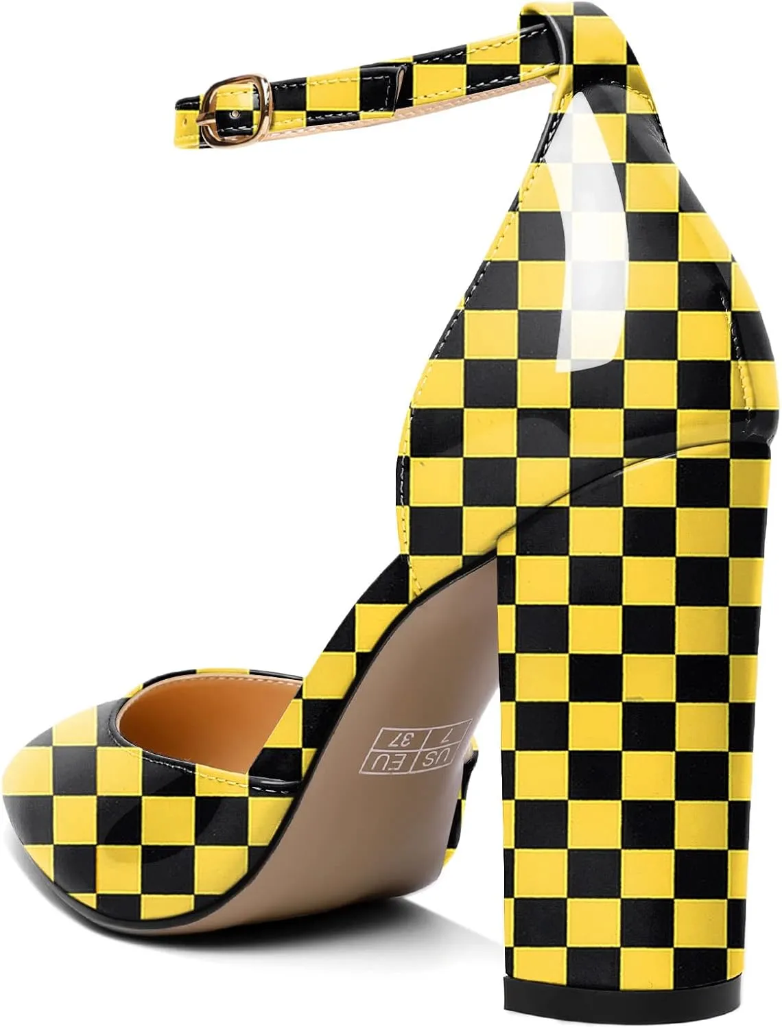 AUMOTED Women High Heel Pumps Chunky Heel Pointed Toe Patent Block Heels Ankle Strap Solid Dress Pumps Shoes 4 Inch
