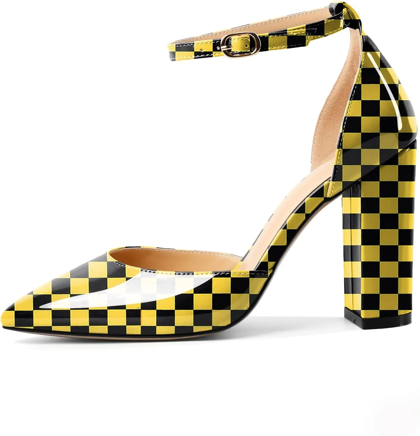 AUMOTED Women High Heel Pumps Chunky Heel Pointed Toe Patent Block Heels Ankle Strap Solid Dress Pumps Shoes 4 Inch
